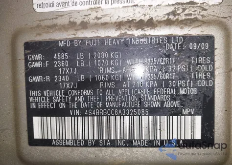 2010 Subaru Outback 2.5I Premium from USA, damaged, VIN 4S4BRBCC8A3325085